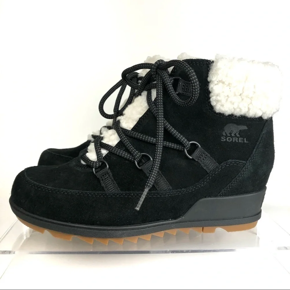 Sorel Black Suede Sherpa Sheep like Fur Wedge Comfy Shoes Sz 9 - HTF_4
